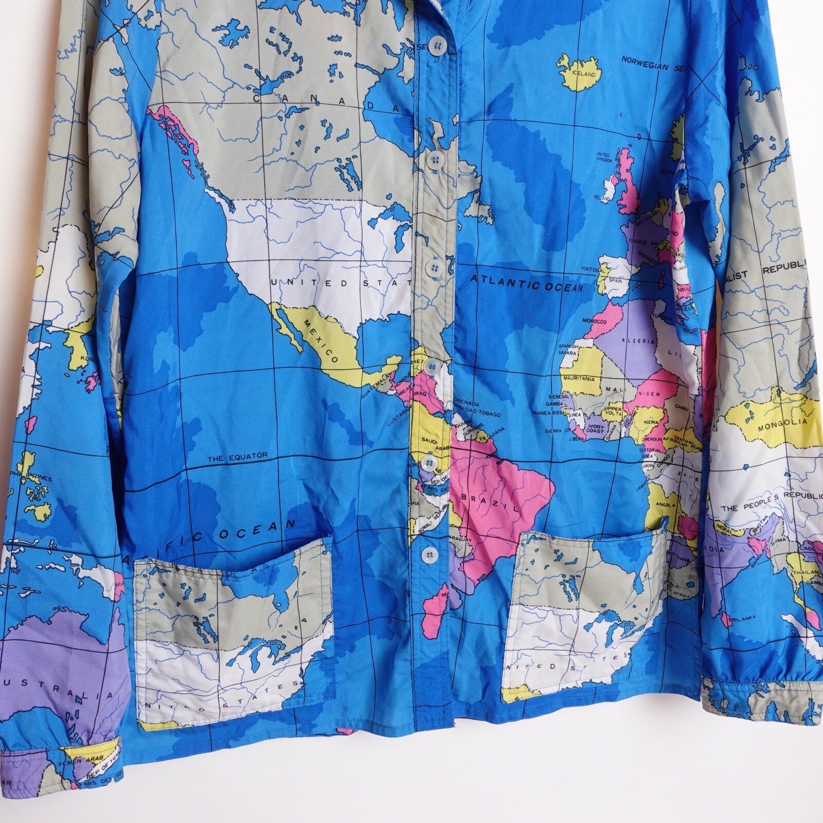 Vintage 80s Miss James Sir Womens World Map All Over Print Globe Shirt Medium