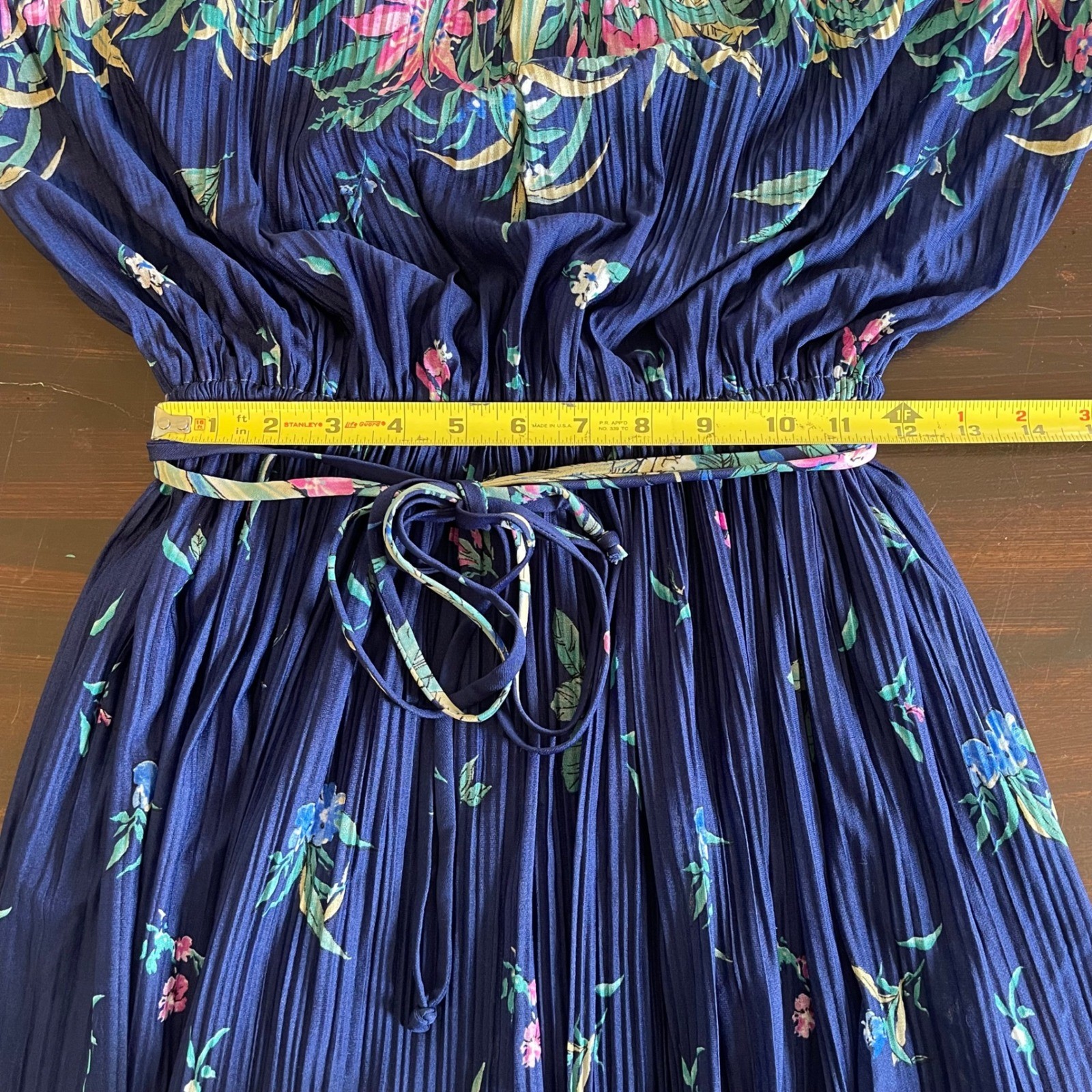 Vintage Hal Ferman 70s Garden Floral Pleated Midi Dress Navy ILGWU Union Made