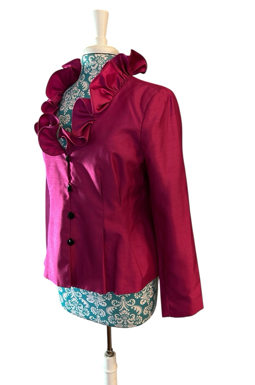 Vintage Pink Ruffled Jacket NWT 1990’s Glam Evening Blouse Jet Black Buttons
