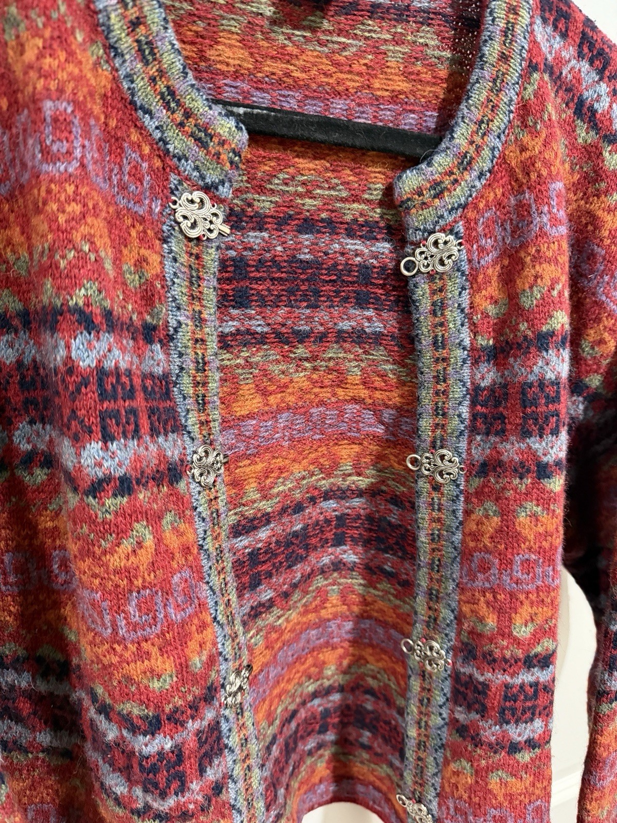 Vtg The Eagle’s Eye Multicolor 100% Wool hand-knit cardigan sweater Large