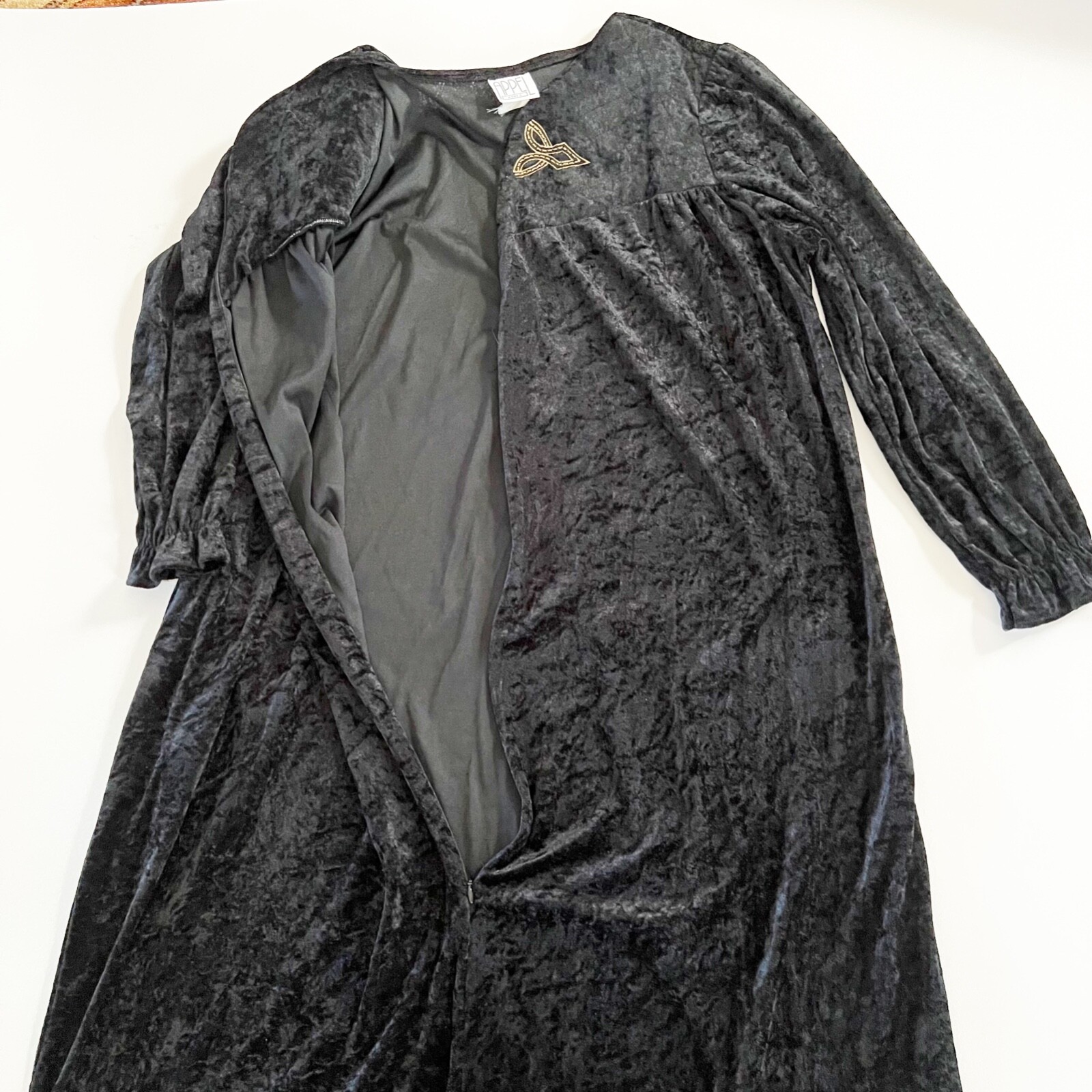Vtg Appel Robe House Coat Blk Crushed Velvet Zip Quilted Chest Gold Pockets Sz L