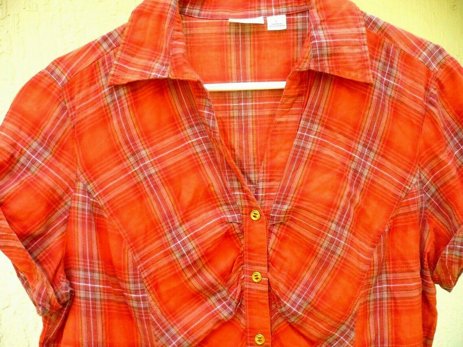 VTG 90S CATO M ORANGE PLAID BUTTON UP WESTERN STUDS RUCHED SHIRT BLOUSE LADY