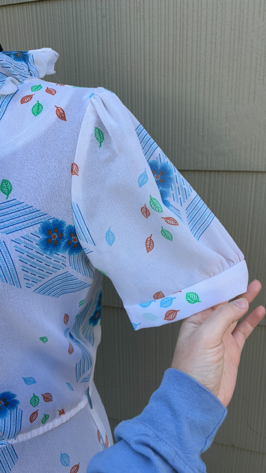 vtg 70s Does 40s Whimsical Floral Leaf Sheer Ruffle Collar Blouson A-Line Dress