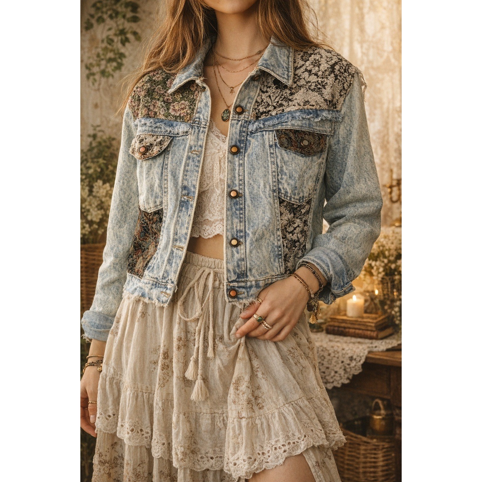 Vintage JouJou Patchwork Denim Jacket Floral Tapestry Grunge Boho L