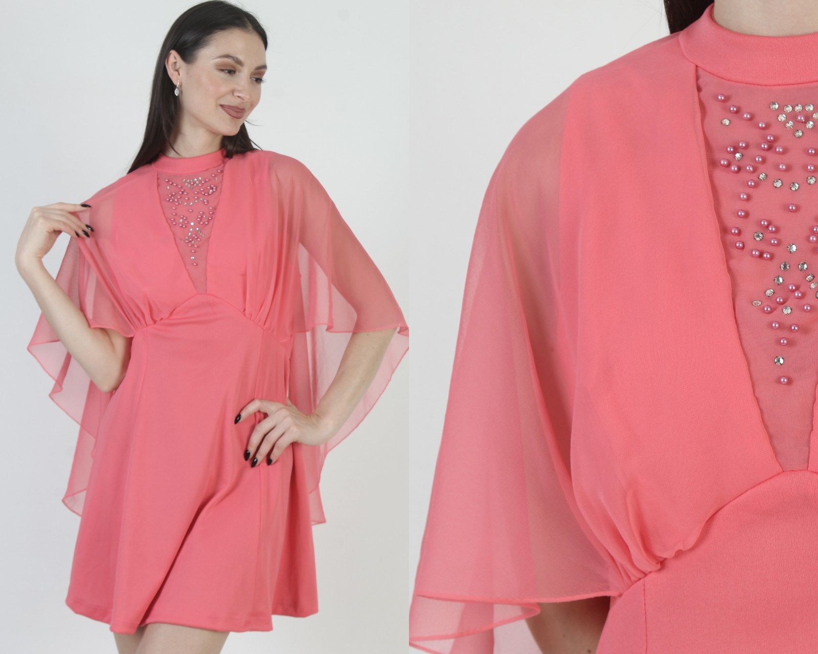Vtg Pink Chiffon Disco Dress Beaded Cocktail Party Capelet 70s Pageant Mini