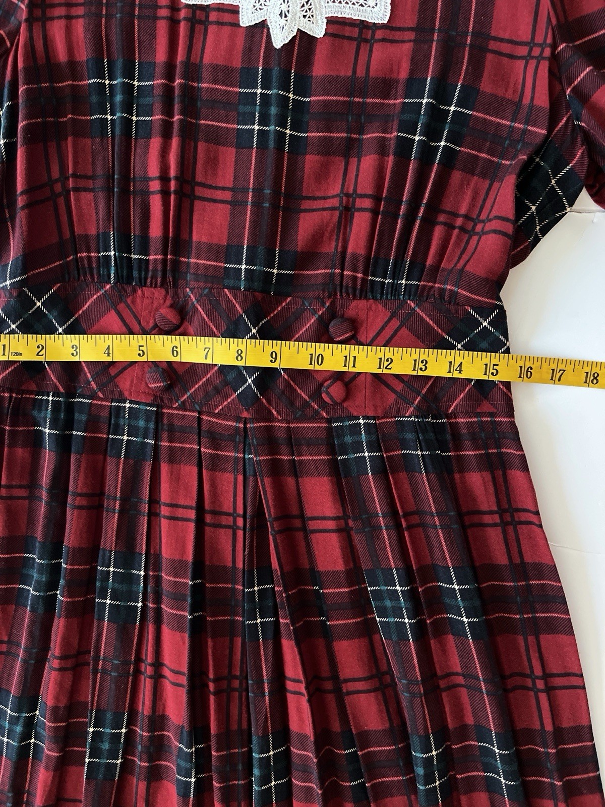 Karin Stevens VTG Dress S/M Petite Red Plaid Pleated Smocked Cottagecore