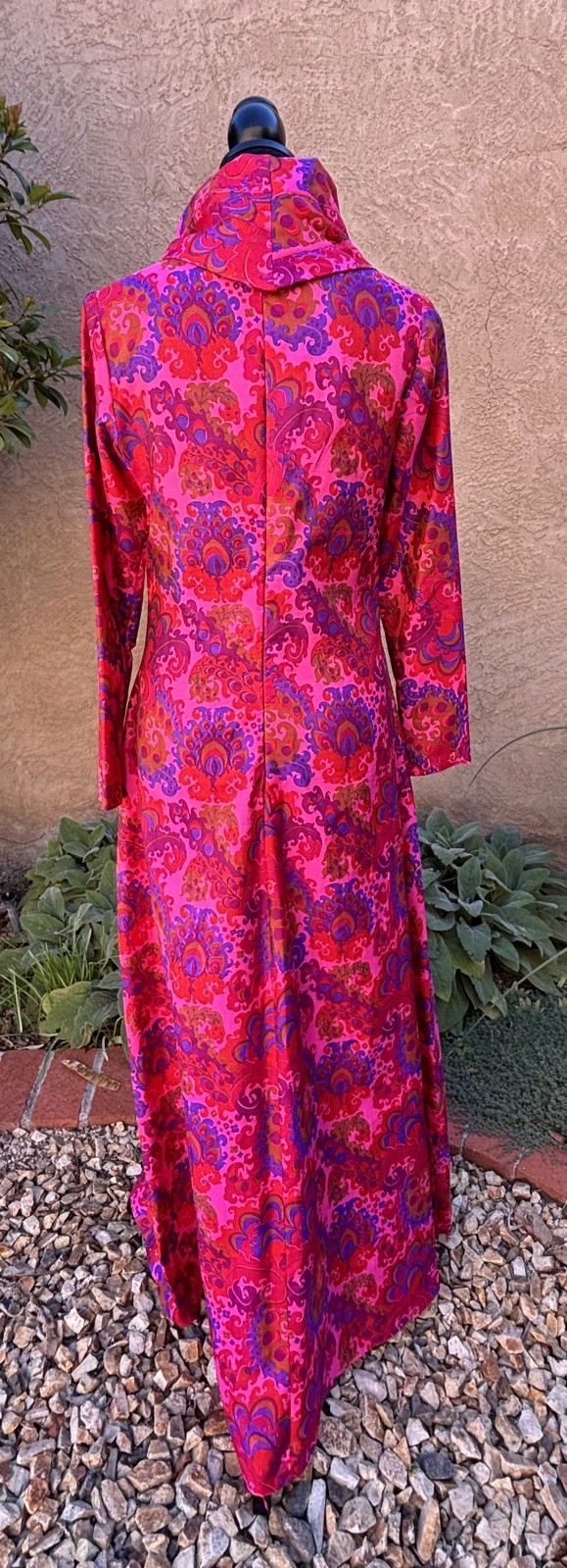 Vintage Thai Silk Bright Pink Psychedelic Cowl Neck Maxi Dress