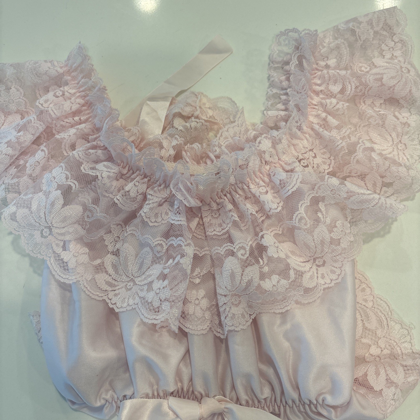 Dolores Poirette Vintage ILGWU Pink Lace Teddy Romper Bodysuit Sz Small