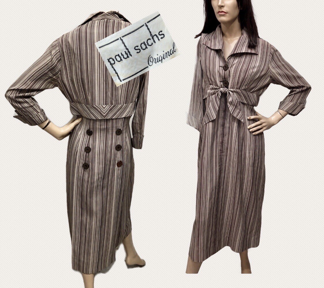 VTG 1950s PAUL SACHS ORIGINAL Rayon STRIPED WIGGLE DRESS w/TAIL at Back *SMOKIN