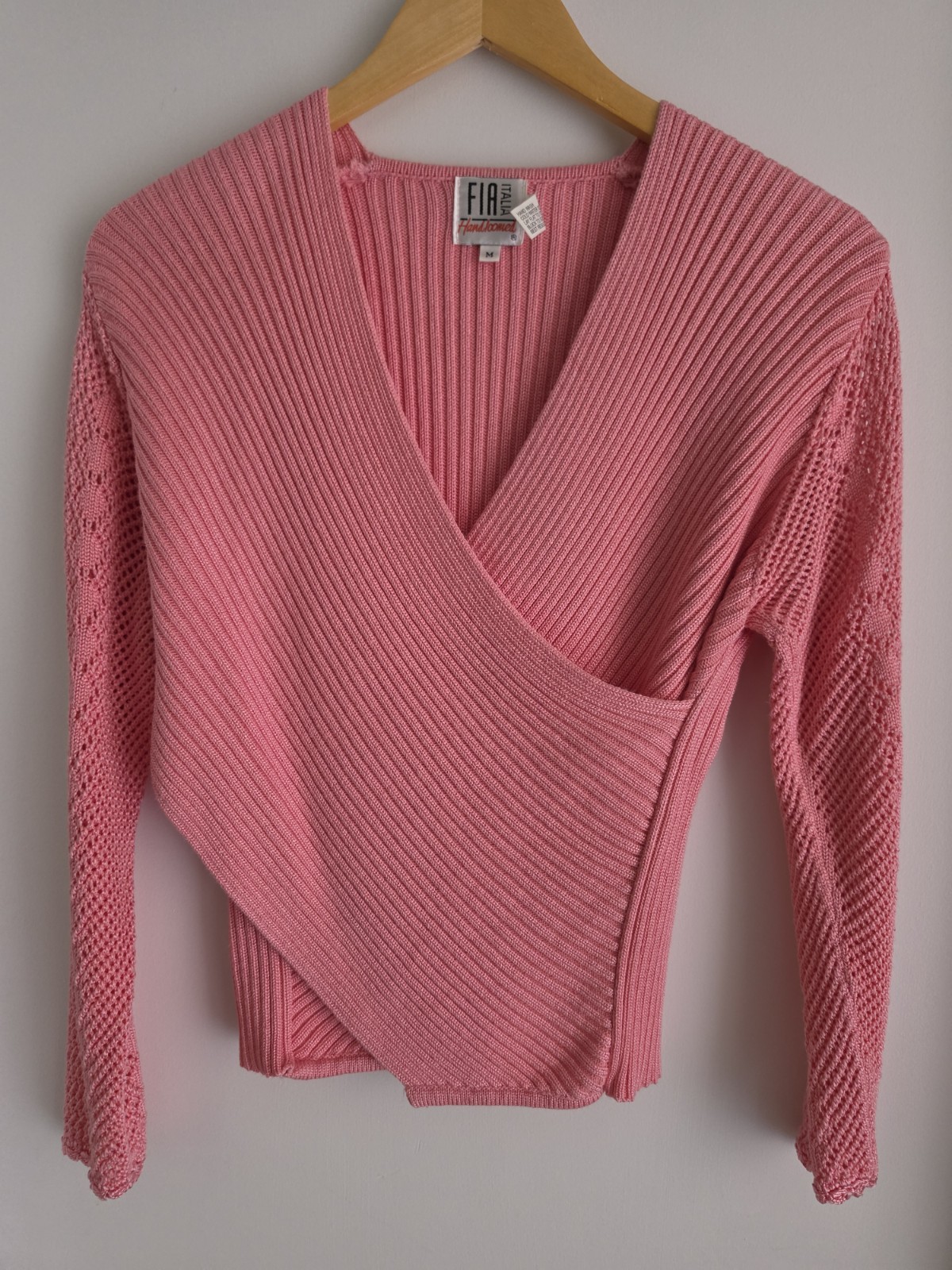 Vintage Fia Italia Handloomed Pink Long Sleeve Wrap Style Sweater Size Medium