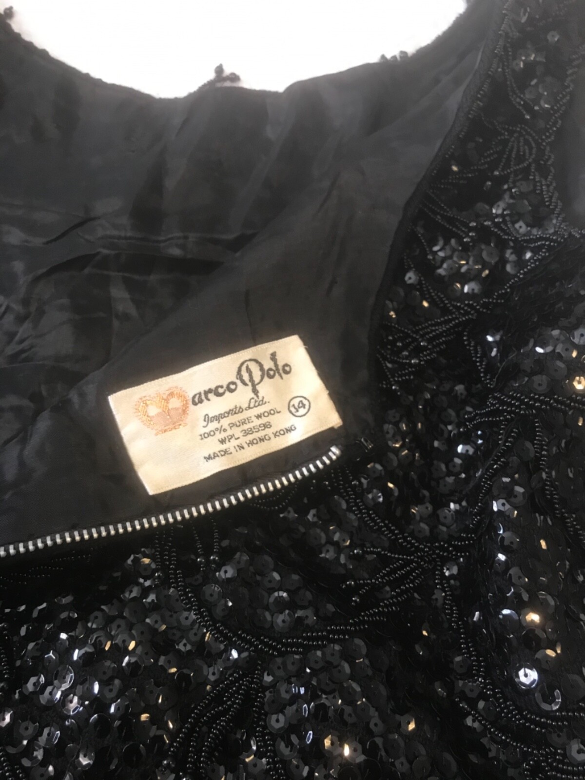 Vintage Black Iridescent Fringed Sequin Tassels Beaded Wool Glam Top hong kong L