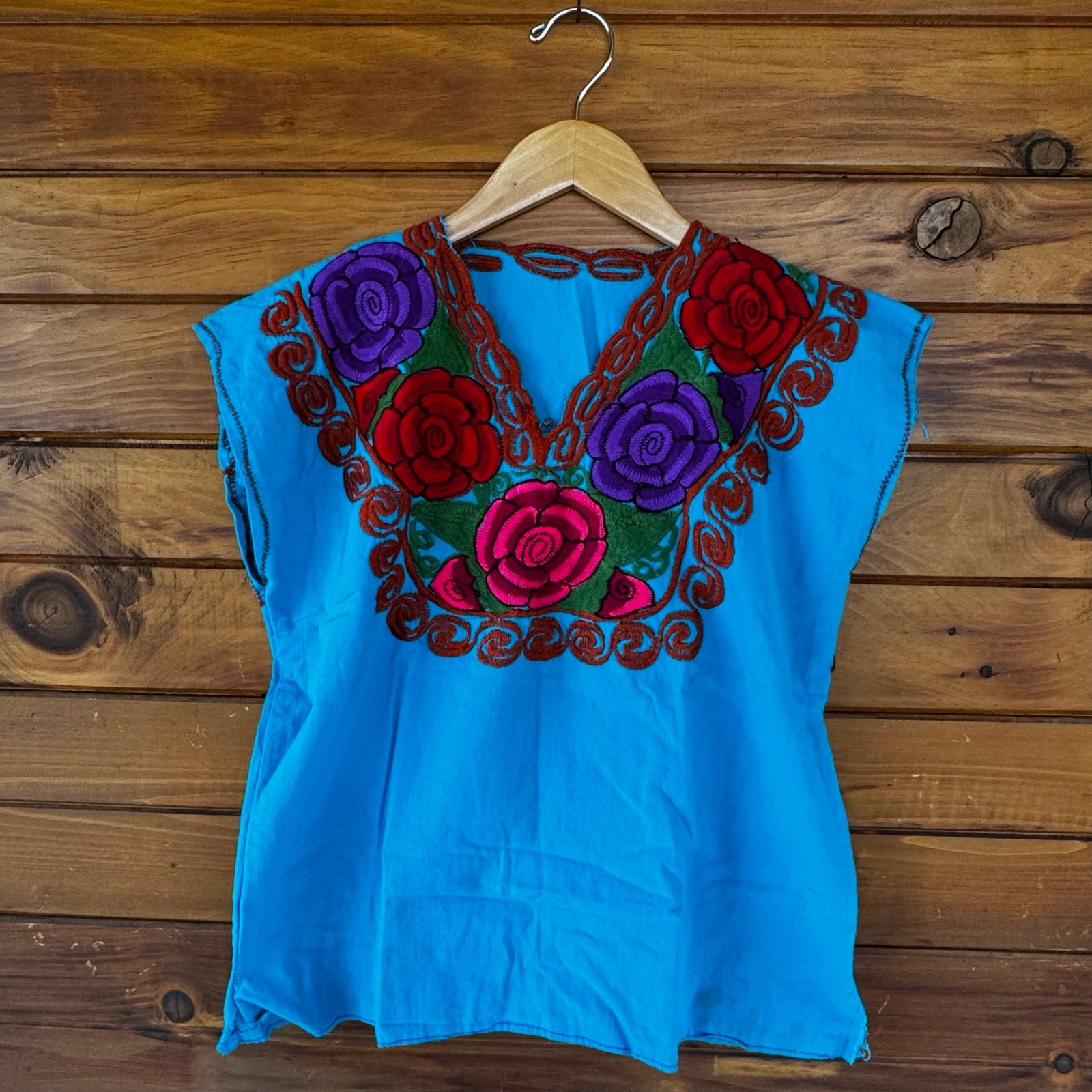 VTG Mexican Blue Huipil Embroidered Boho Festival Cotton Blouse Top Size S