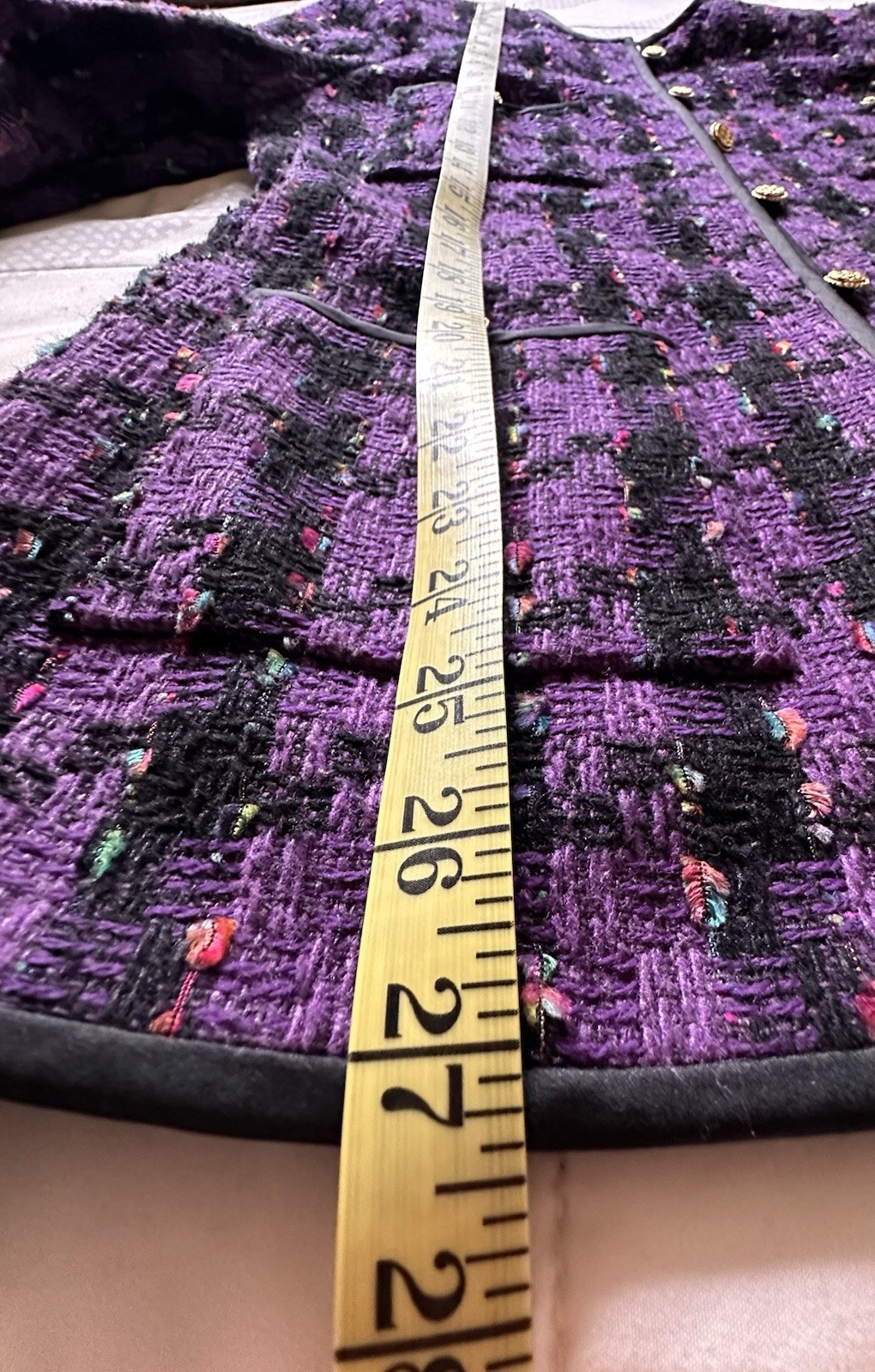 VTG CARLISLE Silk Tweed Blazer Jacket Purple Black Plaid Gold Buttons Size 6