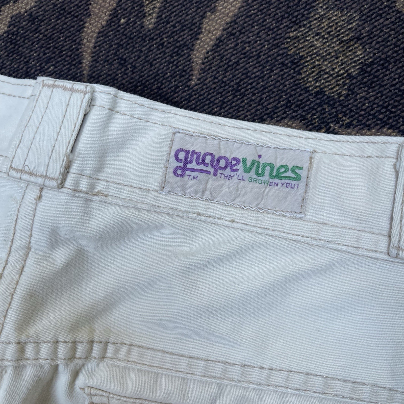 Vtg 70s Grape Vines Cargo Flare Wide Leg Beige Pants Juniors Size 32×33