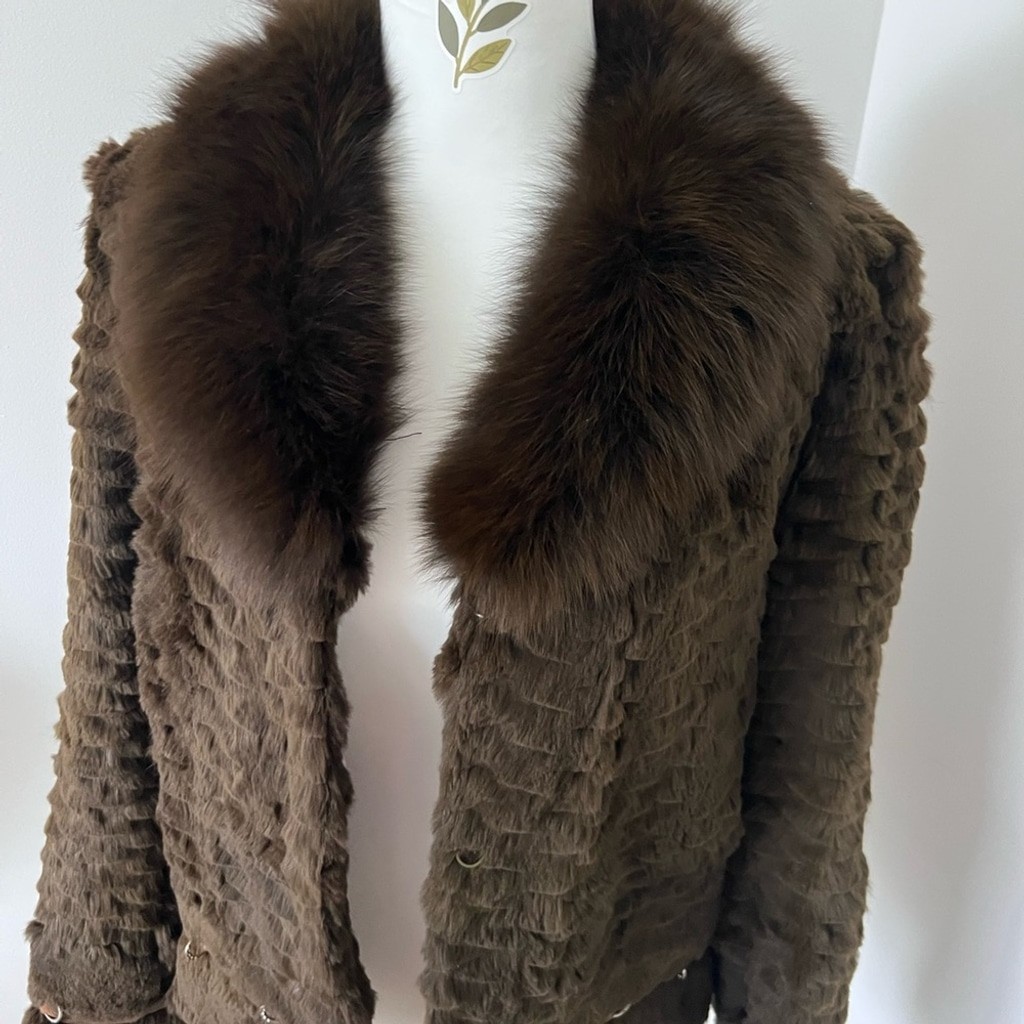 Vintage Brown-Green Real Rabbit & Fox Fur Jacket with Ring Details | Size M