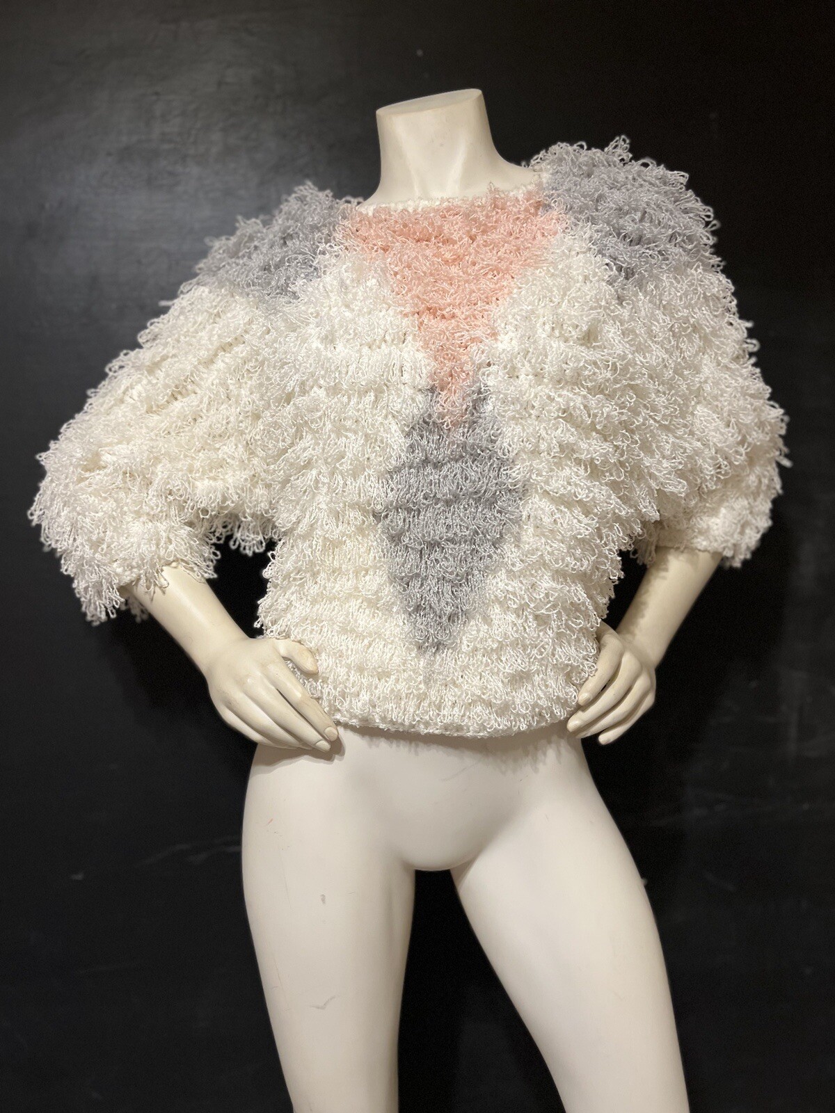 Vintage 80’s Side Effects Shaggy Knit Hand Crochet Sweater Oversized L Geometric