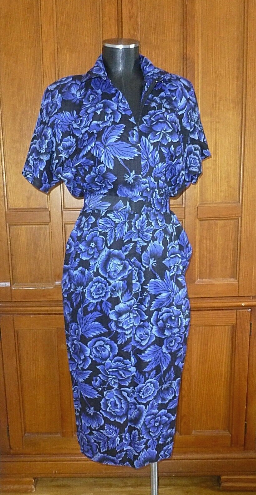 VTG 80s Midnight Floral Garden Print Dolman Slv midi BoHo Belted DRESS pockets