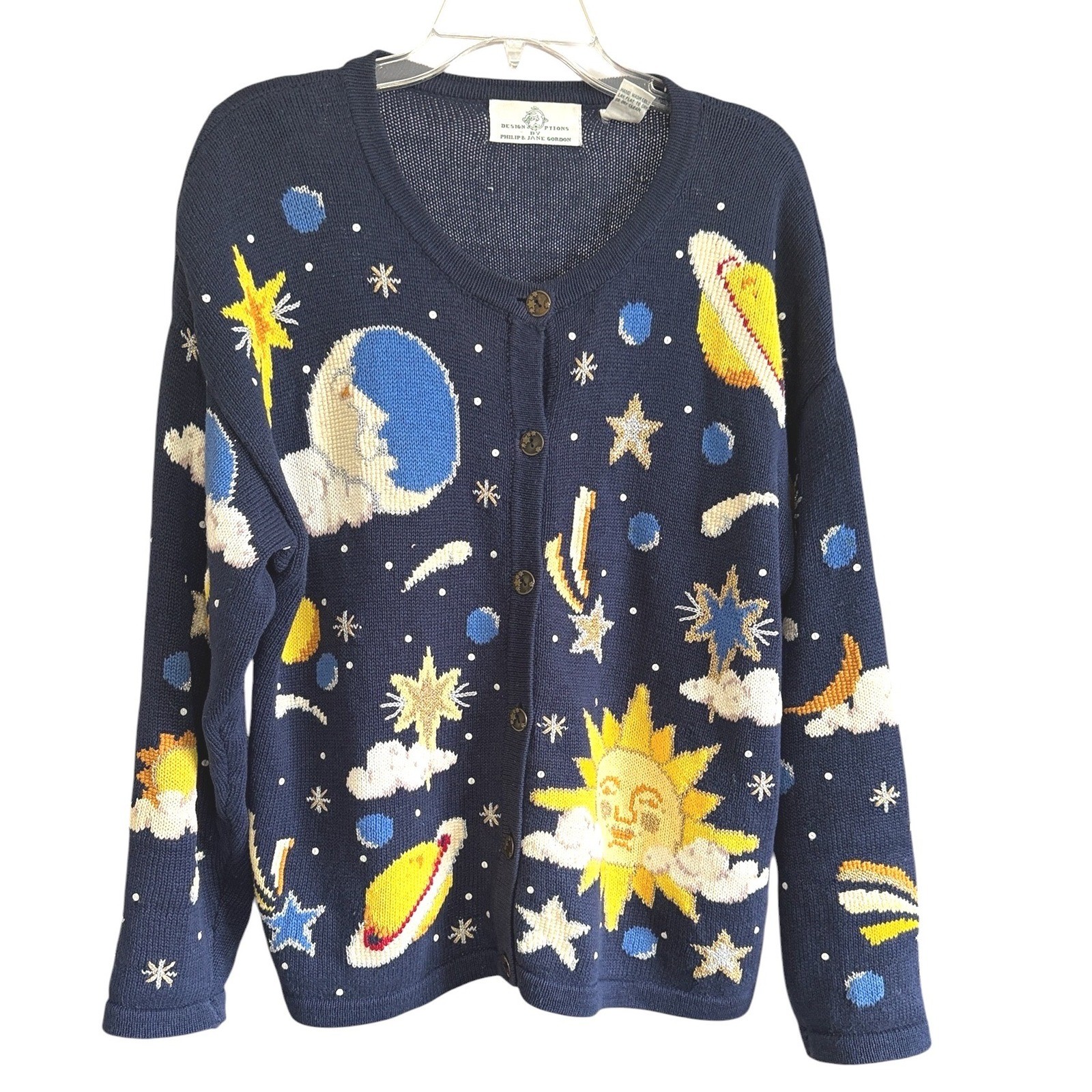Design Options Celestial Cardigan L Navy Sun Moon Stars Vintage Whimsigoth Fairy