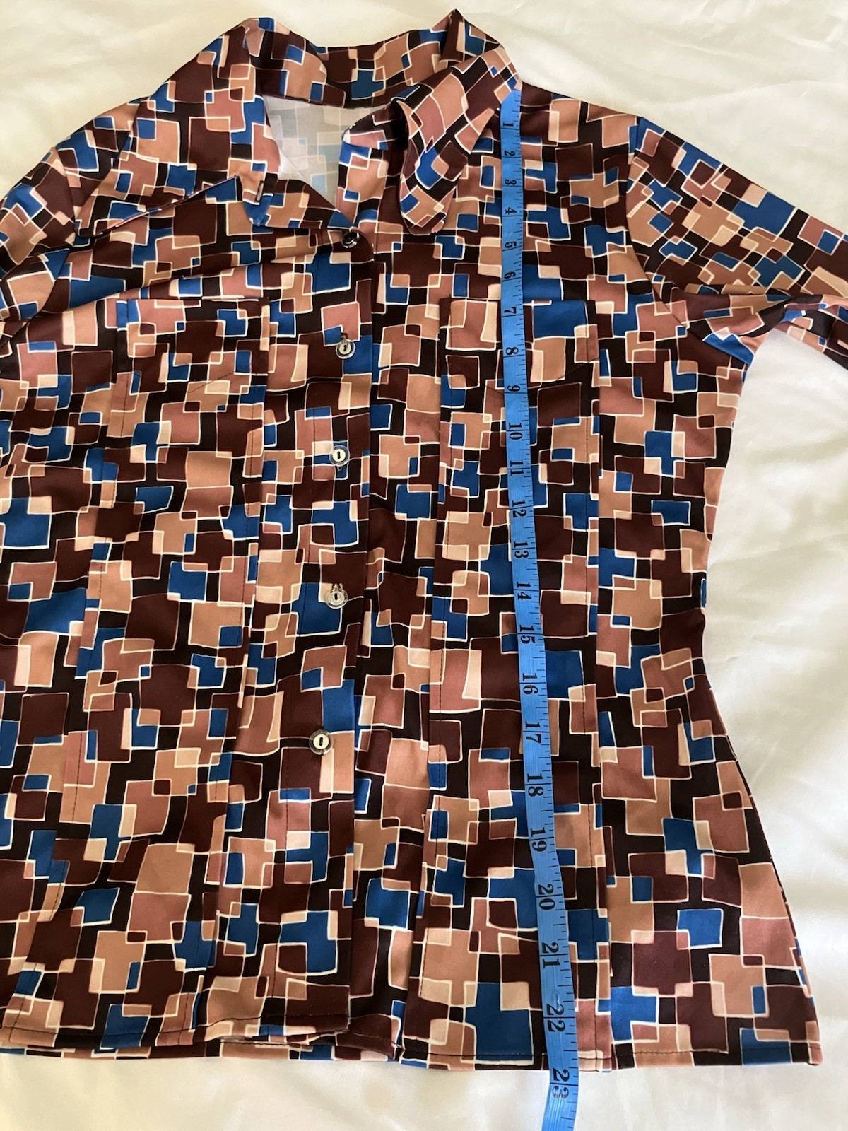 Vintage 70s Womens Geometric Print Blouse Pointed Collar Fitted Retro Mod