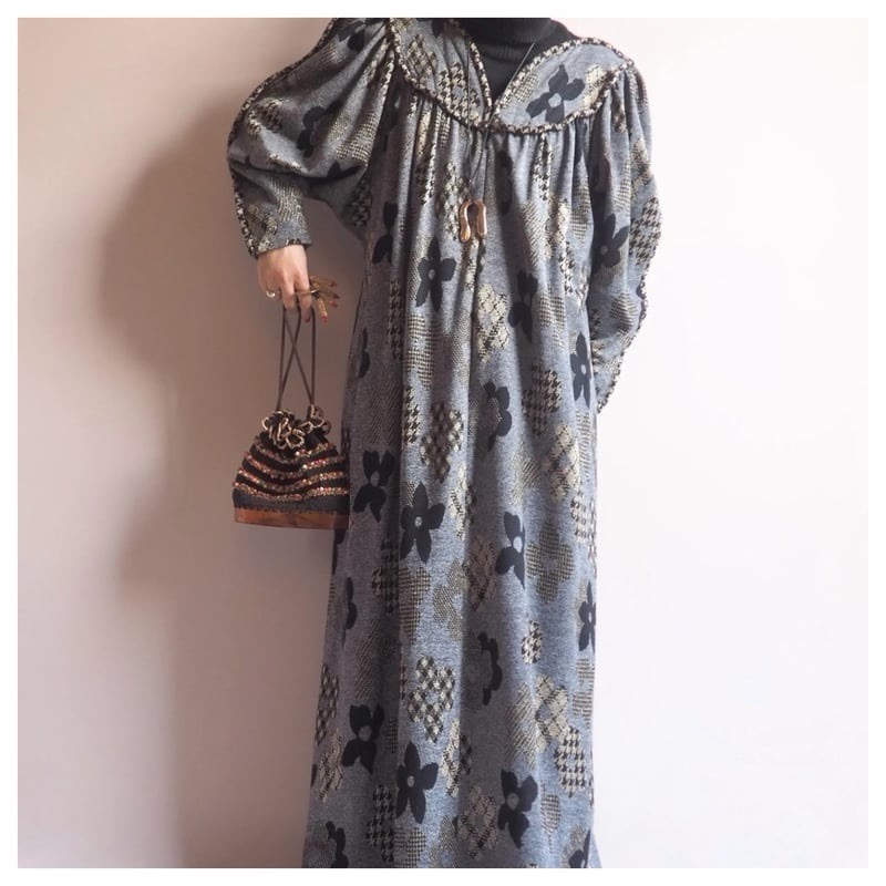 Stunning David Brown, 1970s metallic balloon sleeve houndstooth flower dress