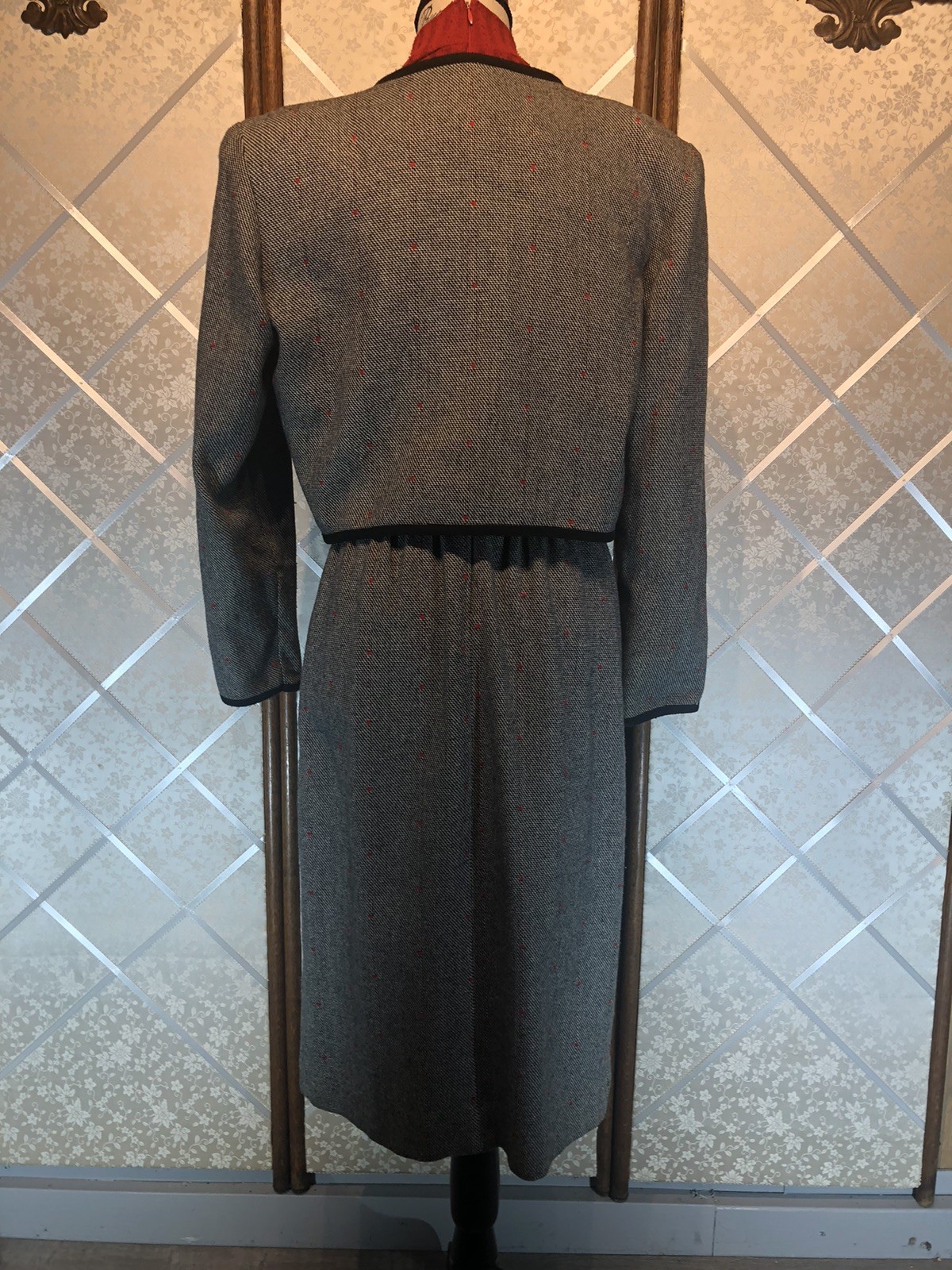 Vintage Caron Chicago Wool Blend Grey Twill Long Sleeve Dress And Jacket Set~S