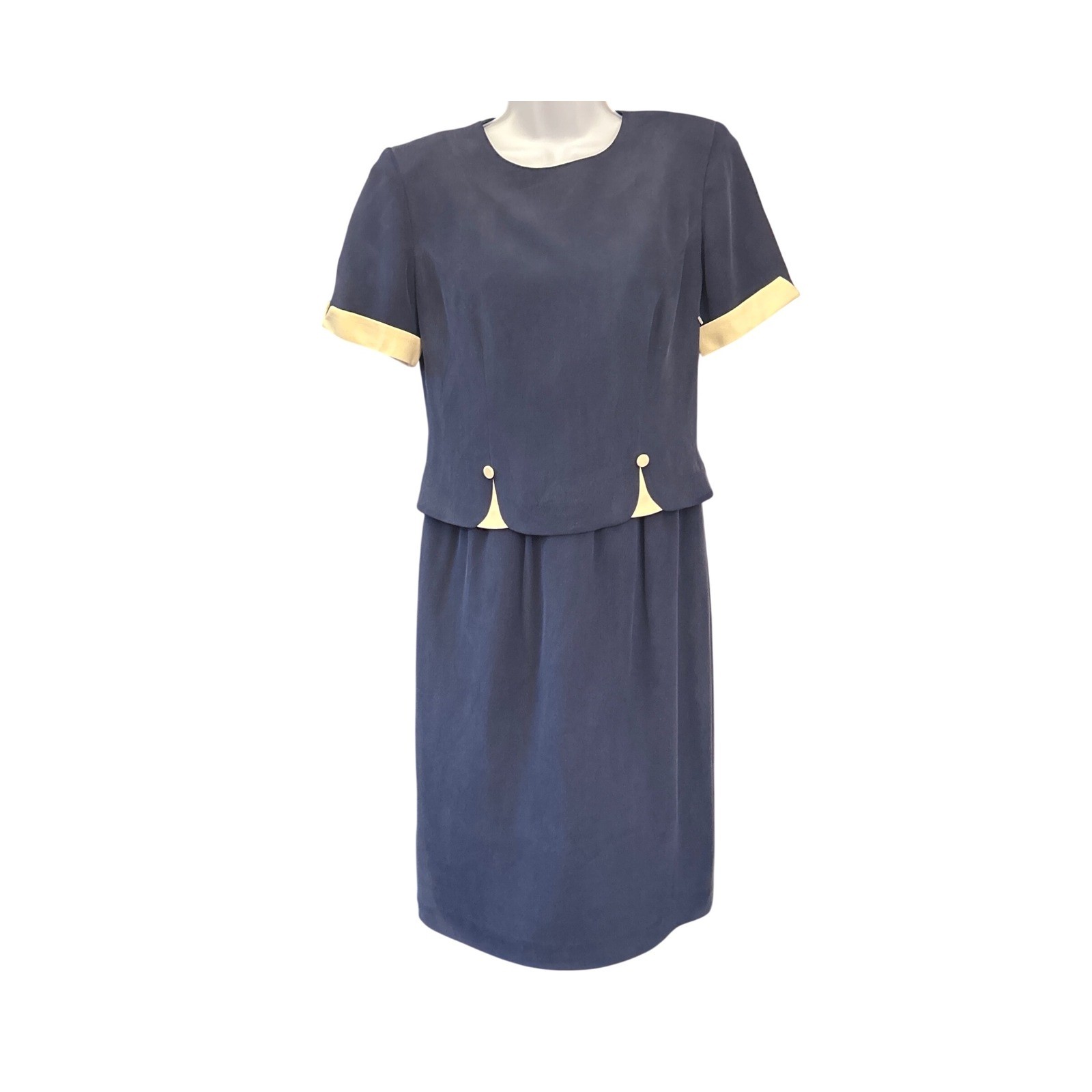 Vintage 90s Shomi Silk Midi Dress Navy Blue Old Money Quiet Luxury Office Wear