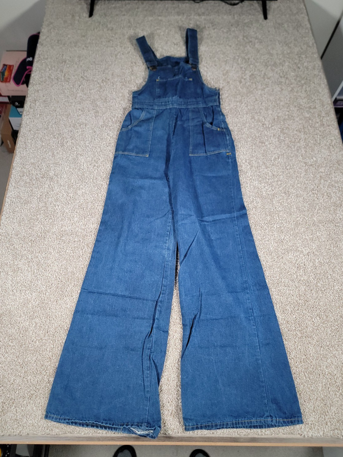 VTG 70s Denim Overalls Jumpsuit Juniors Small Womens Flare Hippy Boho Festival