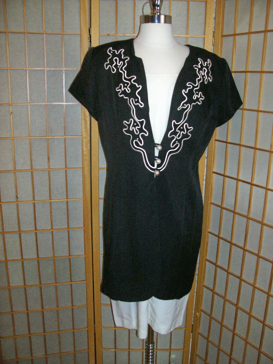 Julian Taylor NY Vtg 80s 90s CLASSY CONTRAST Black & White EMBROIDERED DRESS 12
