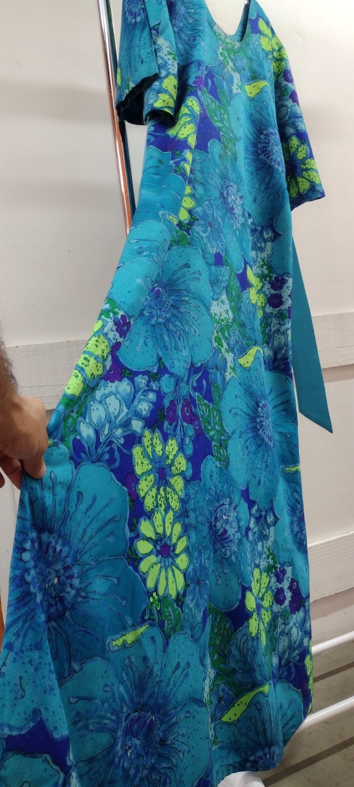 Vintage Maxi Dress Barkcloth Neon Turquoise Huge Flowers 60s Draper’s TWO POTATO