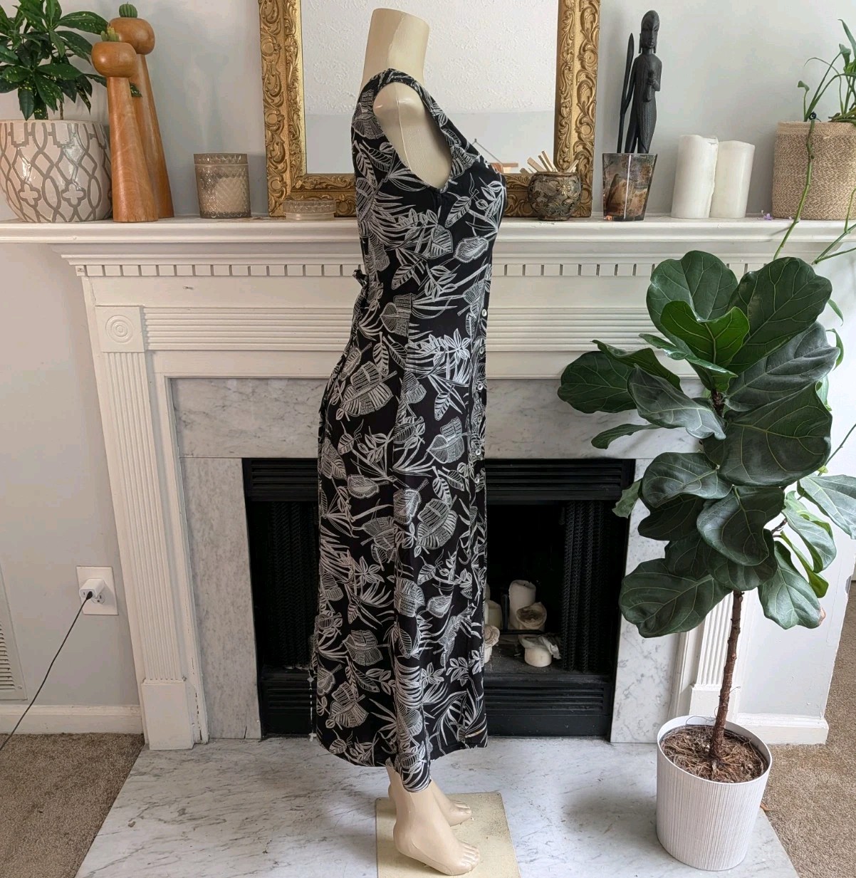 Vintage 90s Black Gray Graphic Shirtdress Size 8 Y2K Retro Tank Leaf Print