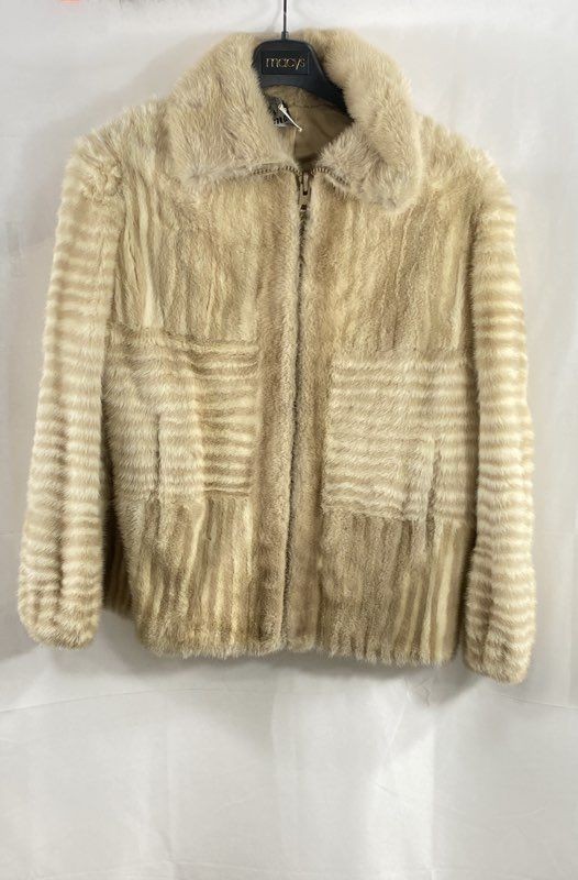 Vintage 80s Maximilian Women’s Cream Mink Fur Striped Paneled Jacket Zip