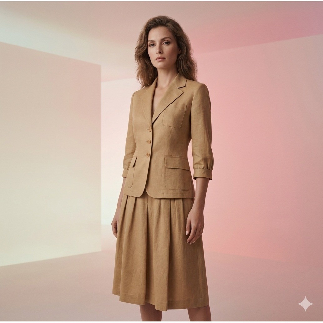 Armand Basi Vintage Linen Cotton Skirt Suit Tan Khaki Made in Spain Size 40 S 6