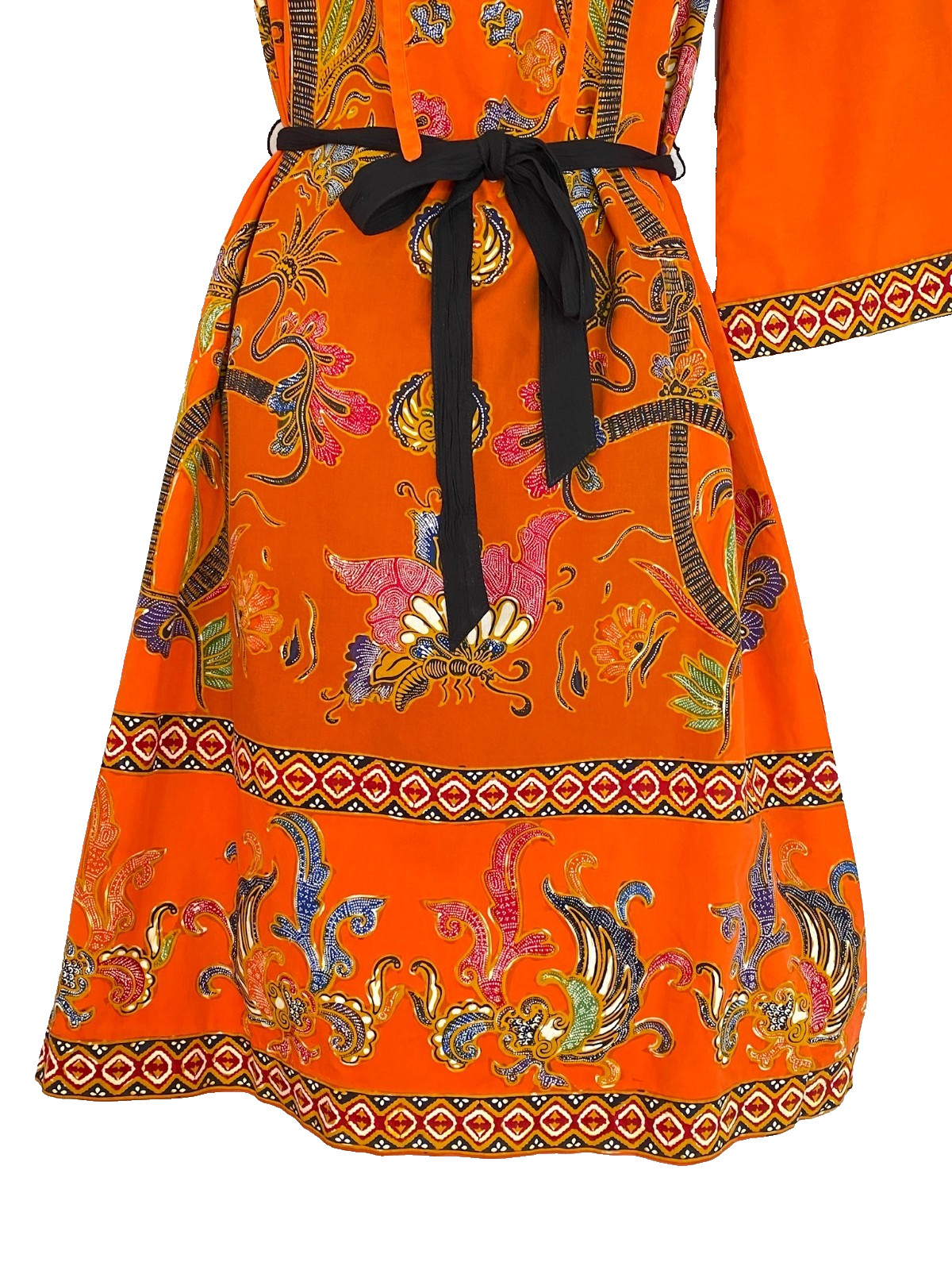 Vintage 1970s orange dress S cotton 1/2 sleeve A line tunic batik boho knee midi