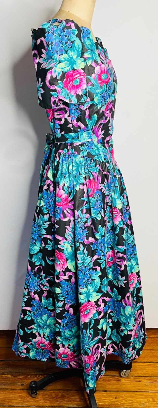 EUC!!VTG 80’S EXPO BLACK BLUE PINK FLORAL PLEATED MIDI TEA GARDEN PARTY DRESS*S