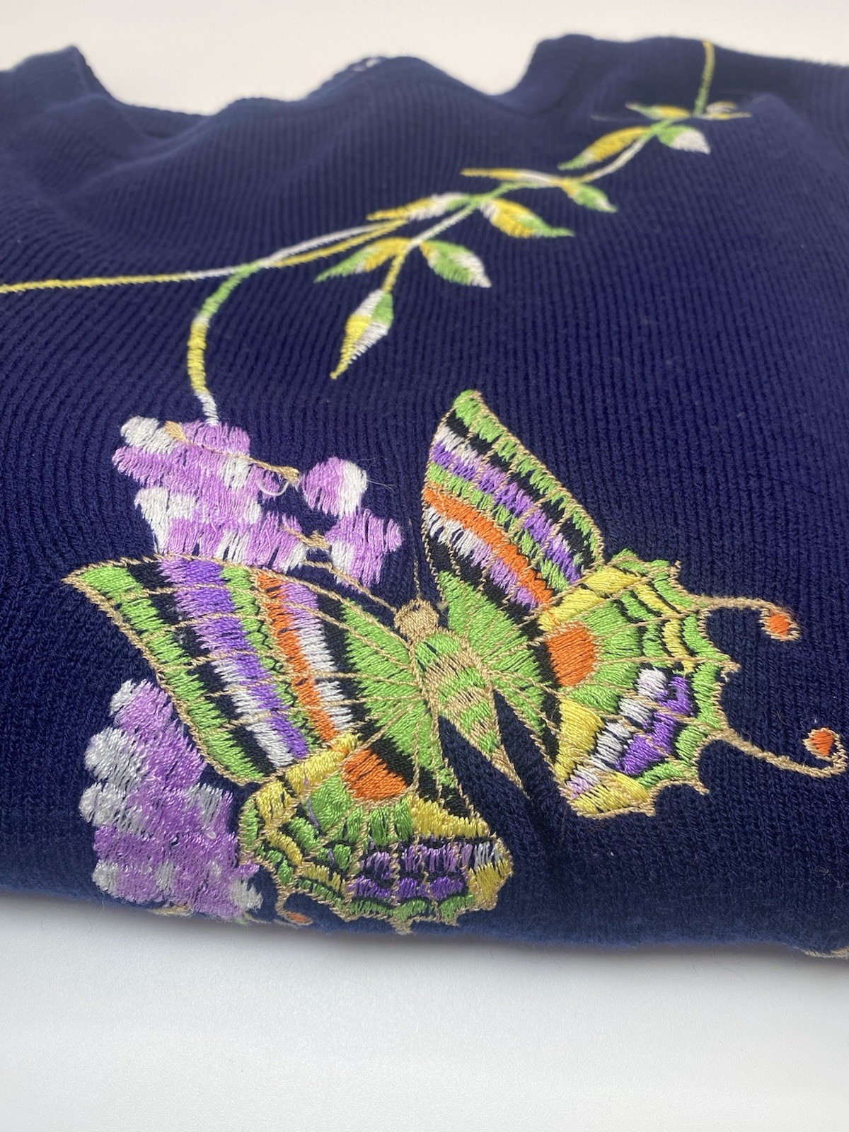 Vintage Women’s Bonnie Lee Leroy Blue Sweater Acrylic 70s Colorful Butterflies