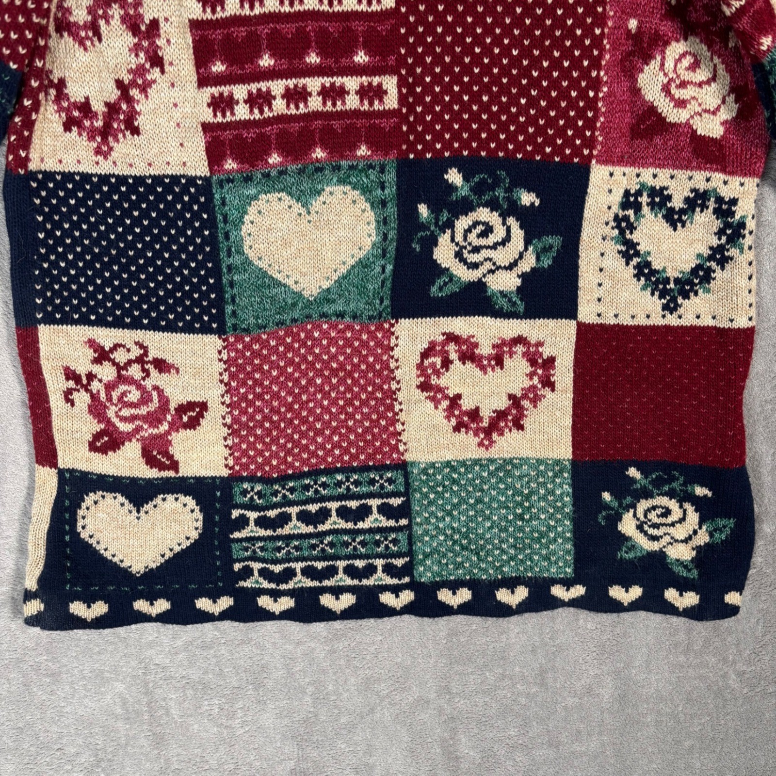 Classic Elements Vintage 90s Patchwork Heart Rose Knit Sweater Petite Large USA