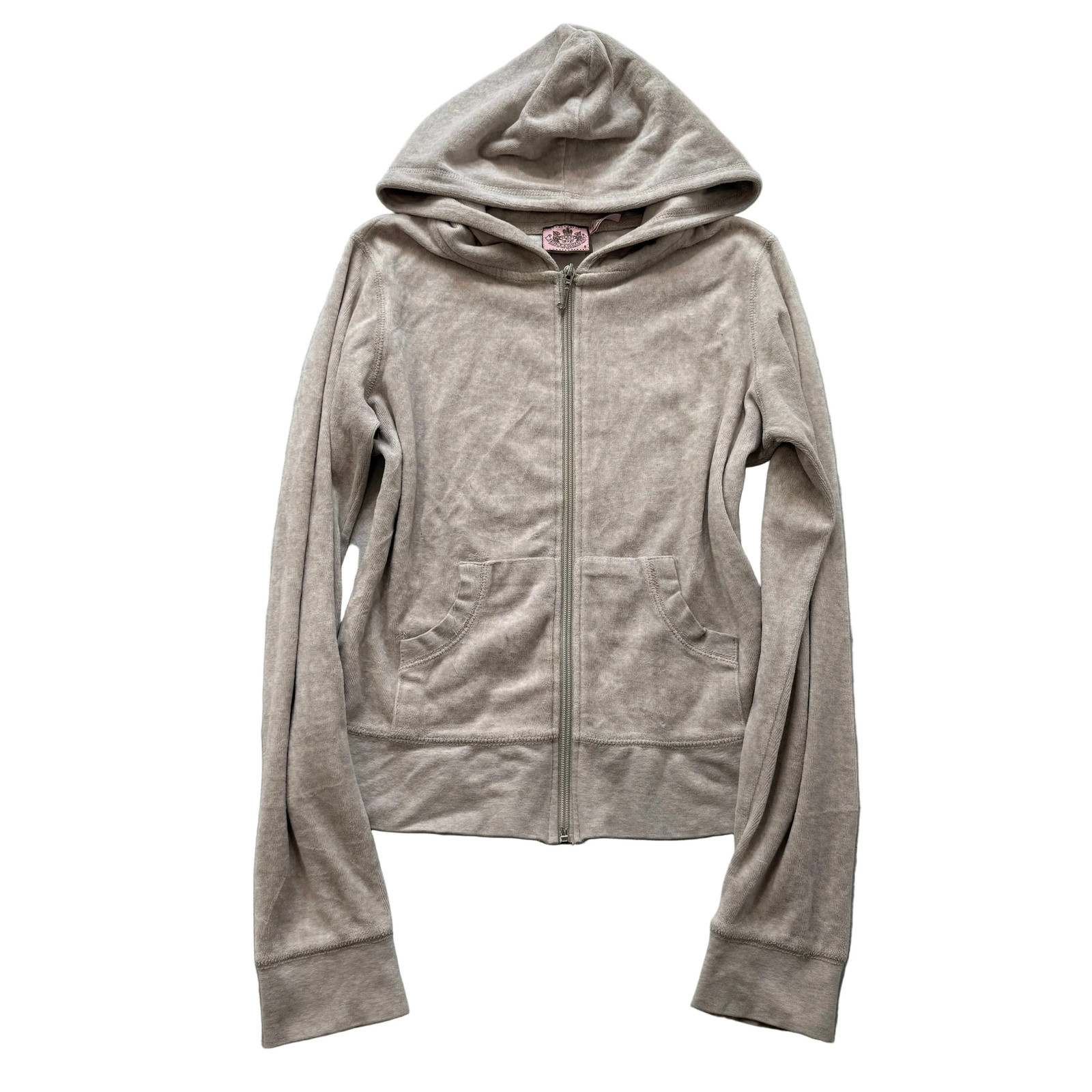 Vintage Juicy Couture Women’s Light Taupe Velour Full Zip Hoodie Pockets Size S