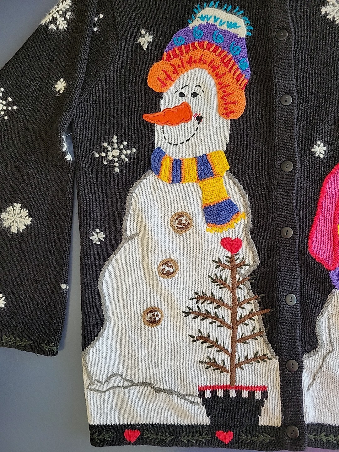 Vintage The Quacker Factory Women M Winter Snowmen Theme Knit Button Up Sweater
