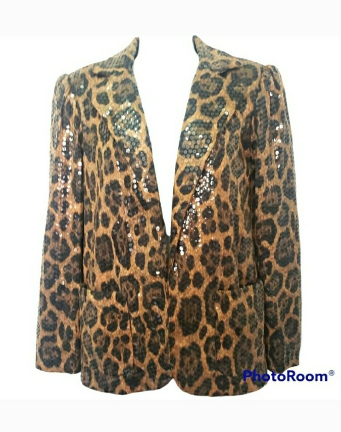 Travilla Blazer Women S Brown Leopard Print Sequin Open Front Jacket Vintage