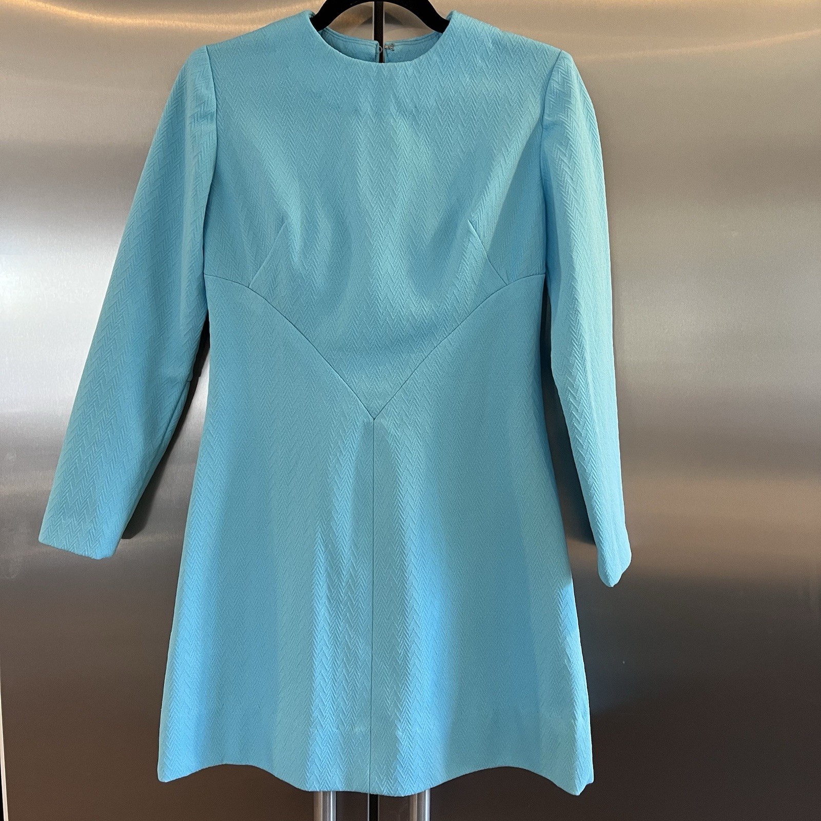 Vintage 1970s Handmade Dress Polyester Light Blue Chevron Pattern Casual