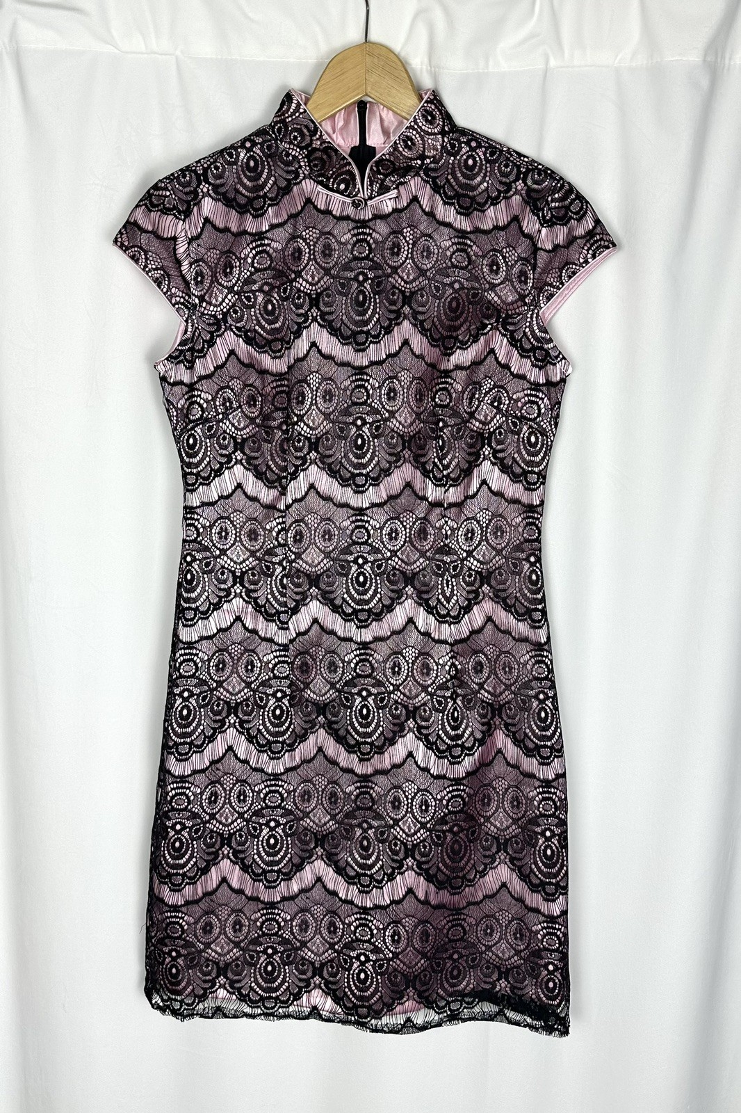 Vintage Lace Mandarin Collar Dress XS Pink Black Cocktail Party Beijing Purchase