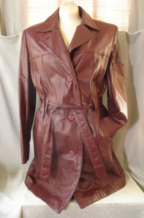 VTG Etienne Aigner Leather Trench Coat Women’s 10 Lined Burgundy Belted Mid