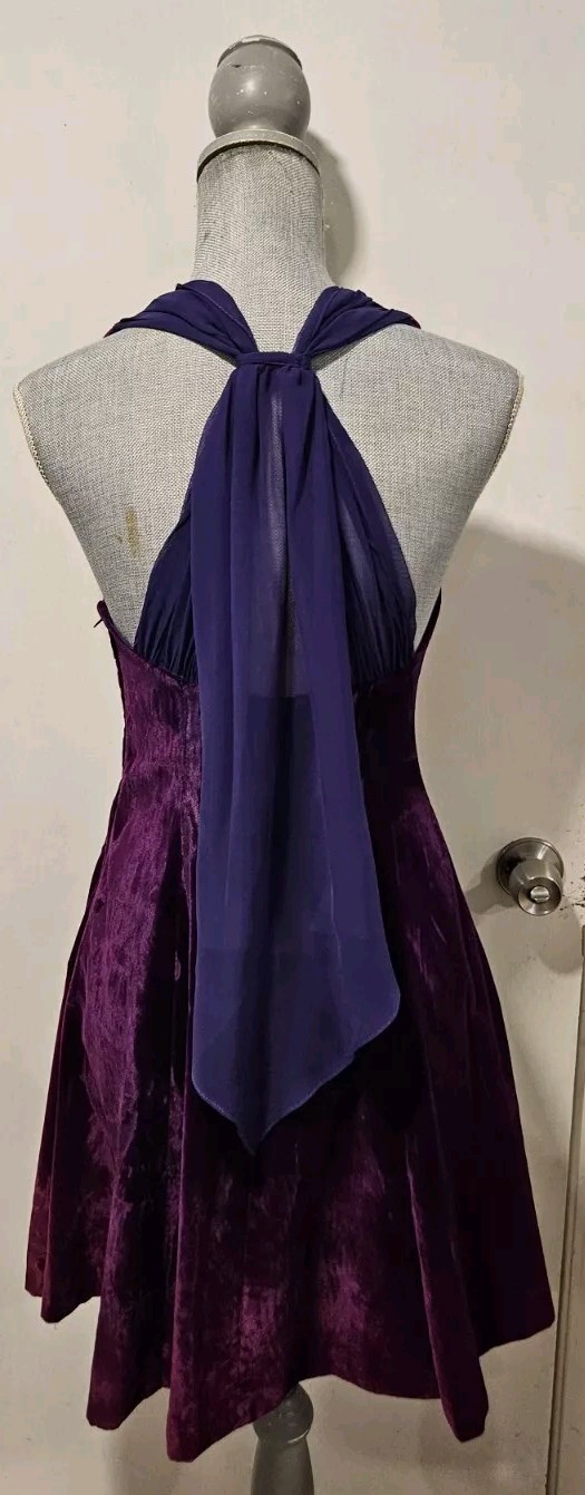 Scarlet Nite Size 5/6 Purple Velvet Mini Dress Chiffon Fit And Flare Vintage 80s