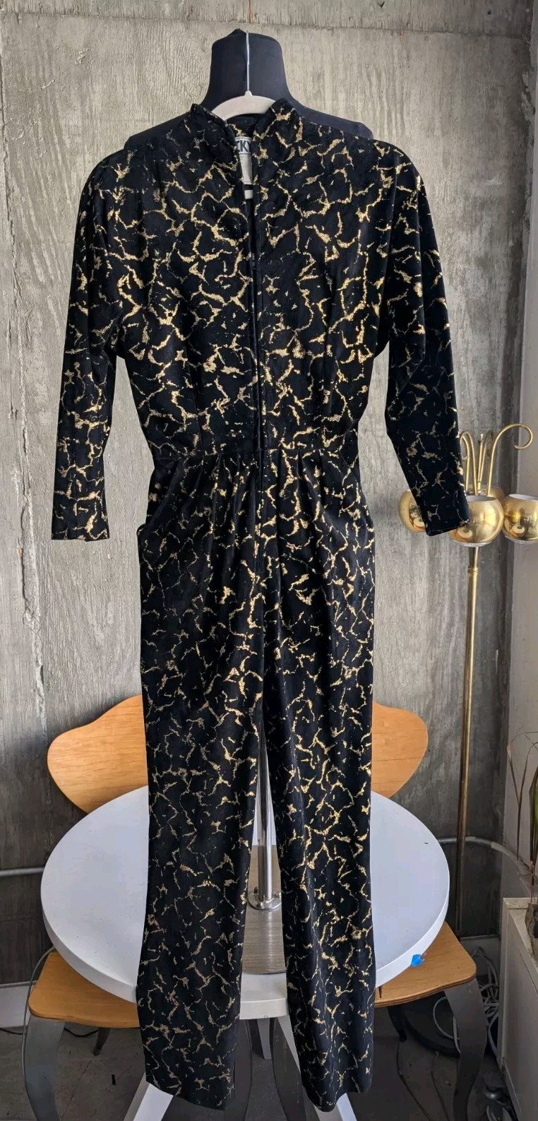 Vintage Vicky Tiel Black and Metallic Gold Suede Long Sleeve Jumpsuit France-XS