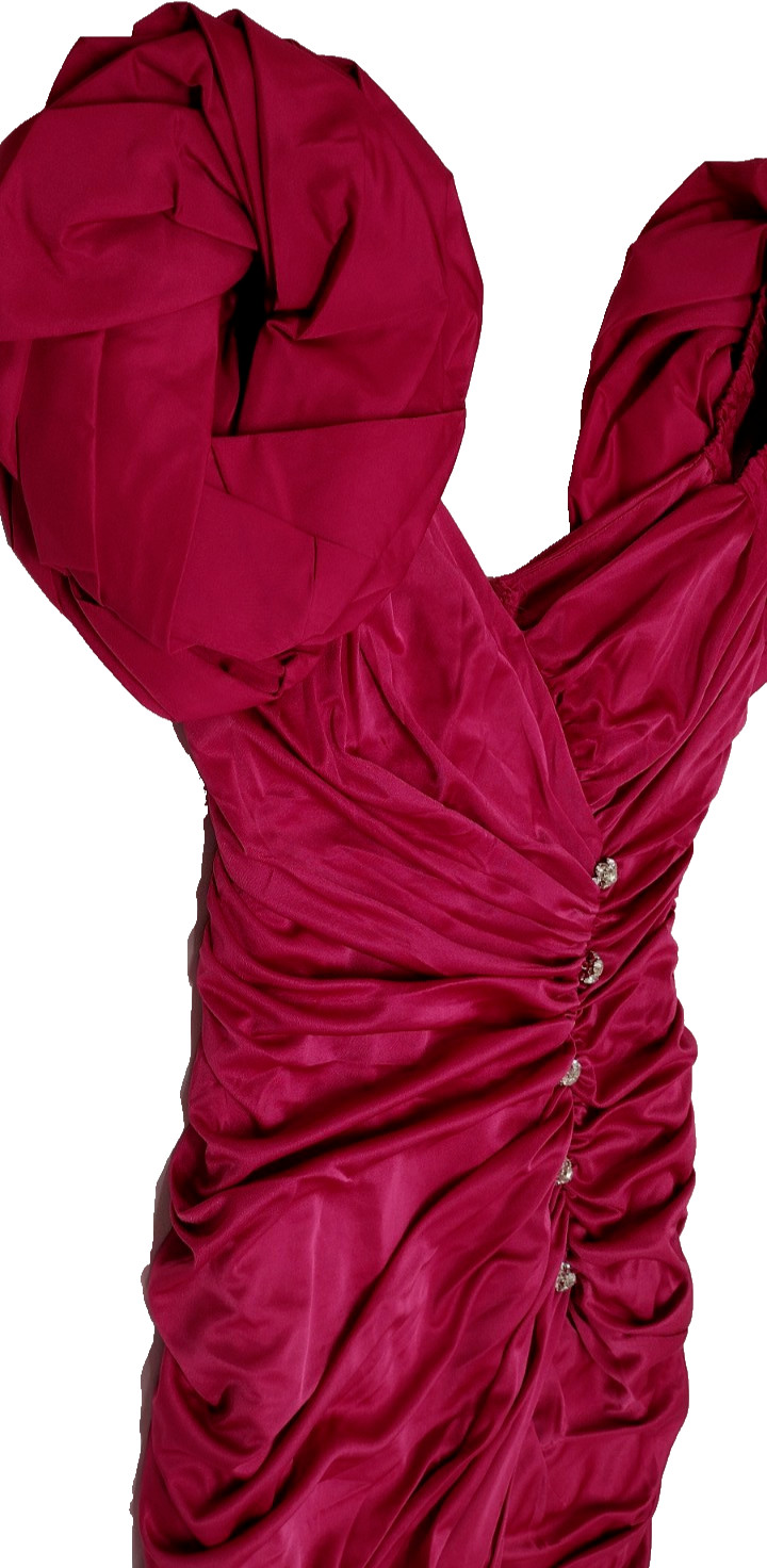 80s Couture Dress Pink Fuchsia Balloon Sleeve Rhinestone Buttons SAMIR 80s M