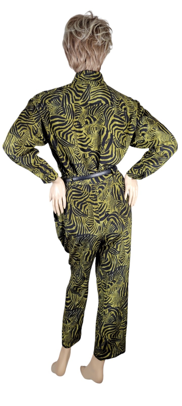 Vintage Ann May 100% Silk Zebra Green & Black Animal Blouse & Pant Suit Set 8