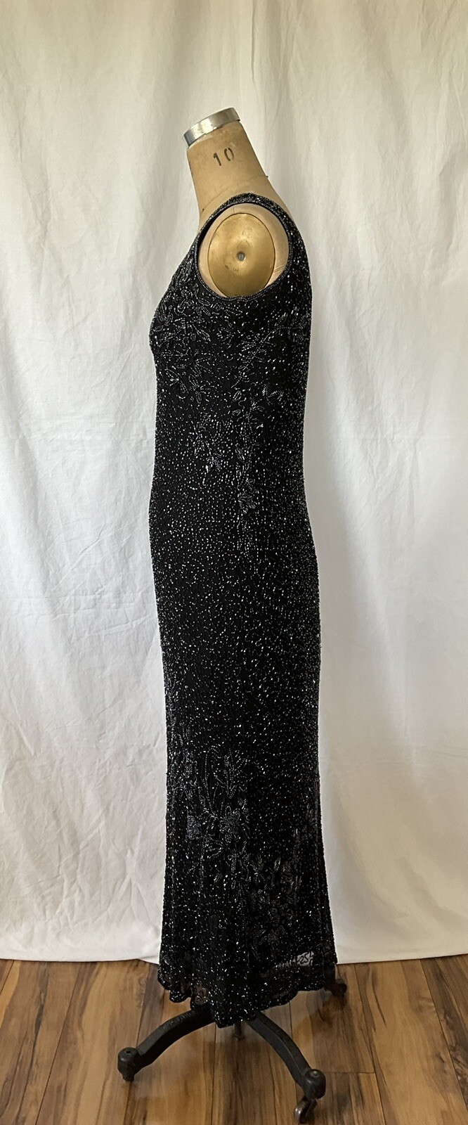 Vintage Black Beaded Silk Slip Long Dress Size XS Missing Label Mint Condition