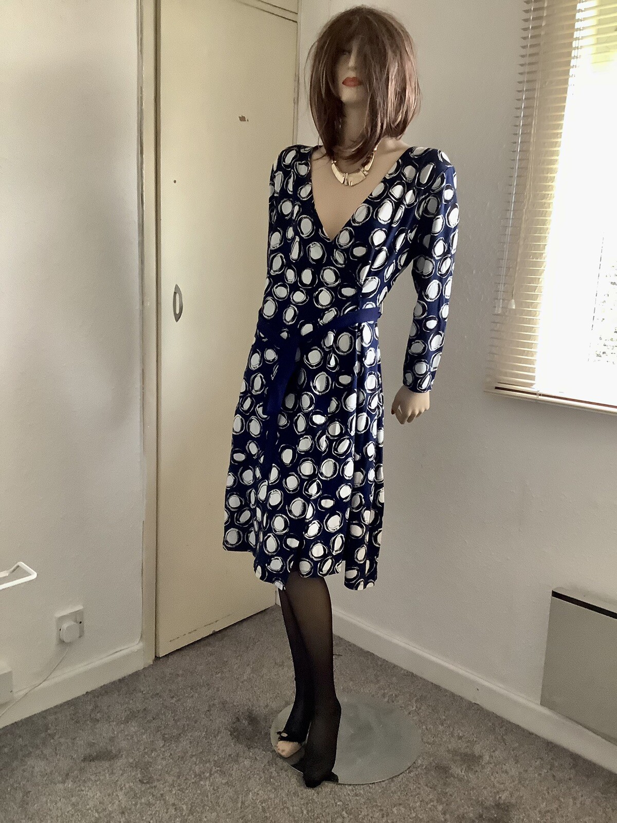 Sophisticated Jasper Conran Dress Navy with Ivory & Black Print 14 (EU 42)
