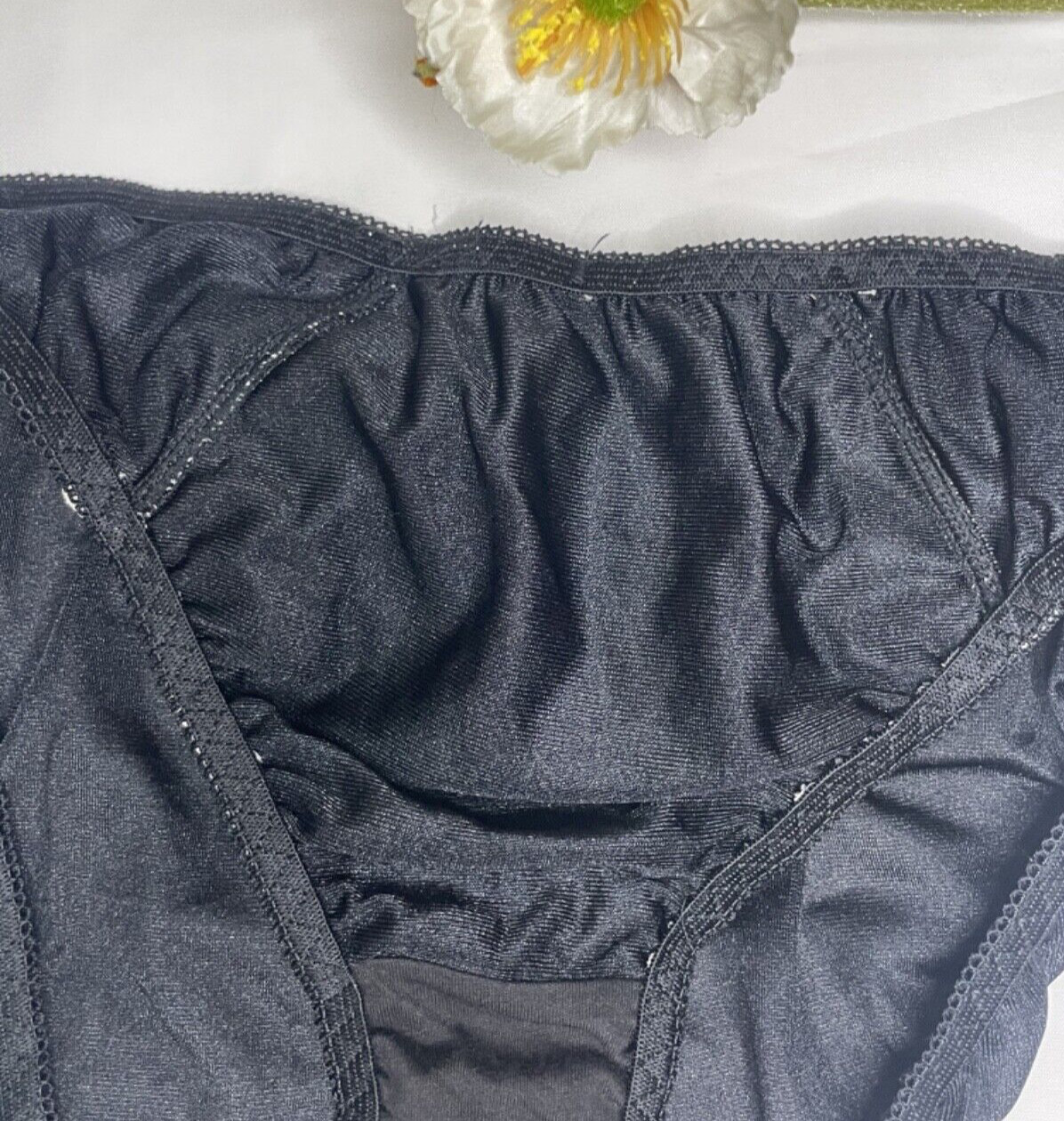 Vintage Sheer Black Nylon Panty Briefs Hip 38-41″ Sz.7/L White Lace Sissy Bikini