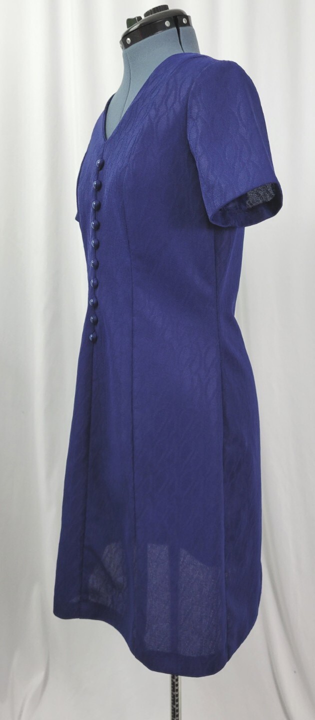 Vtg Navy Blue on Navy Blue Pattern Princess Seam Dress w Faux Buttons Size M/L?